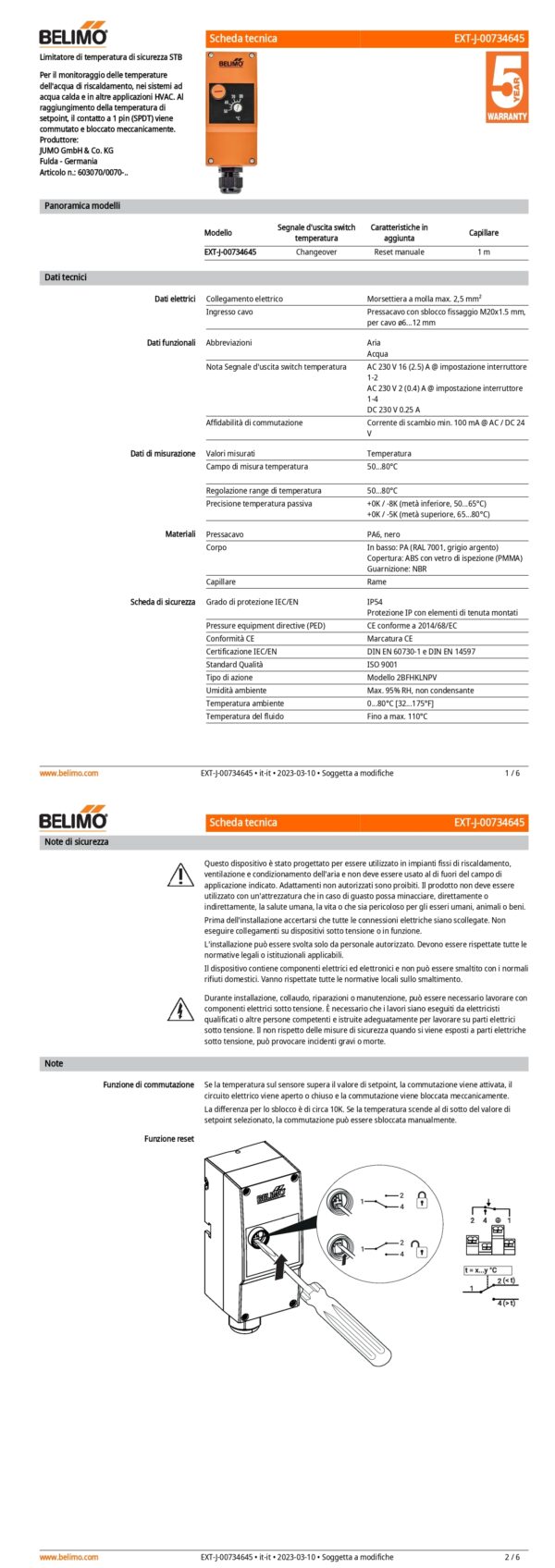EXT-J-00734645 Limitatore di temperatura di sicurezza STB, Switch, 50...80°C, Capillare 1 m, Reset manuale - immagine 2