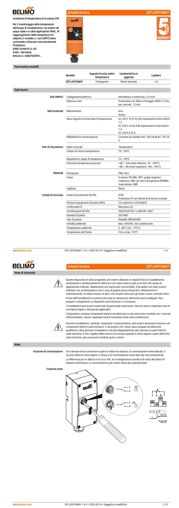EXT-J-00734647 Limitatore di temperatura di sicurezza STB, Switch, 70...130°C, Capillare 1 m, Reset manuale - immagine 2