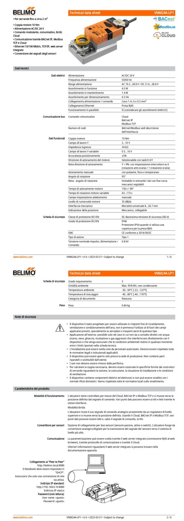 VNM24A-LP1 Attuatore rotativo, 10 Nm, AC/DC 24 V, Cloud, BACnet IP, Modbus TCP, 150 s (43...173 s), IP40 - immagine 2