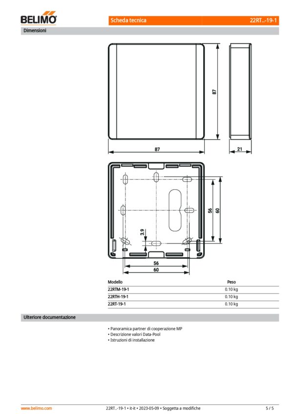 22RT-19-1 Sensore ambiente di temperatura attivo, 0...5 V, 0...10 V, 2...10 V, MP-Bus, Bianco, RAL 9003 - immagine 4