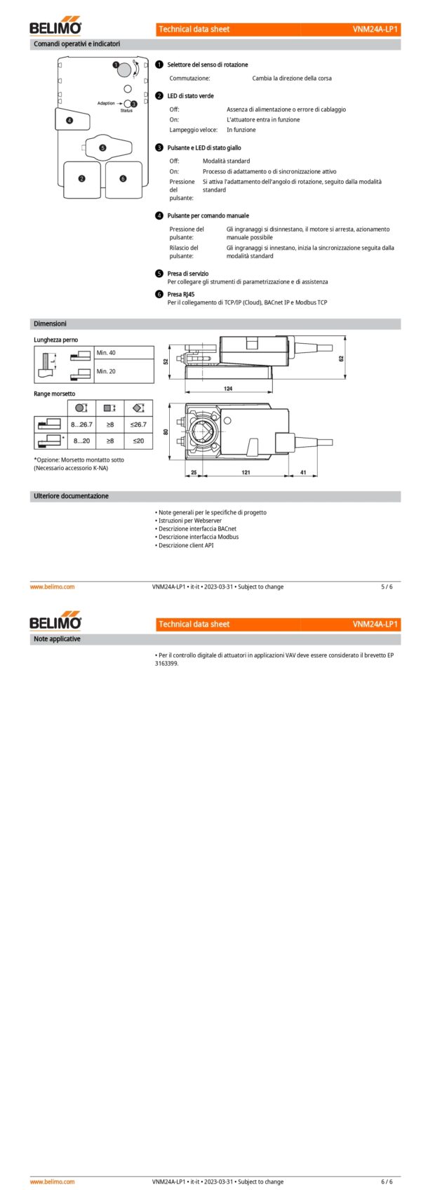 VNM24A-LP1 Attuatore rotativo, 10 Nm, AC/DC 24 V, Cloud, BACnet IP, Modbus TCP, 150 s (43...173 s), IP40 - immagine 4