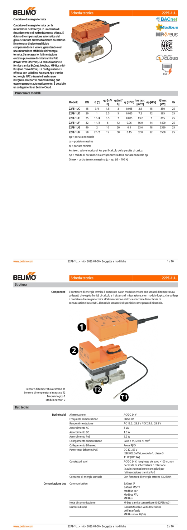 22PE-1UG Contabilizzatore di energia termica, AC/DC 24 V, DN 40, Temperatura del fluido -20...120°C - immagine 2