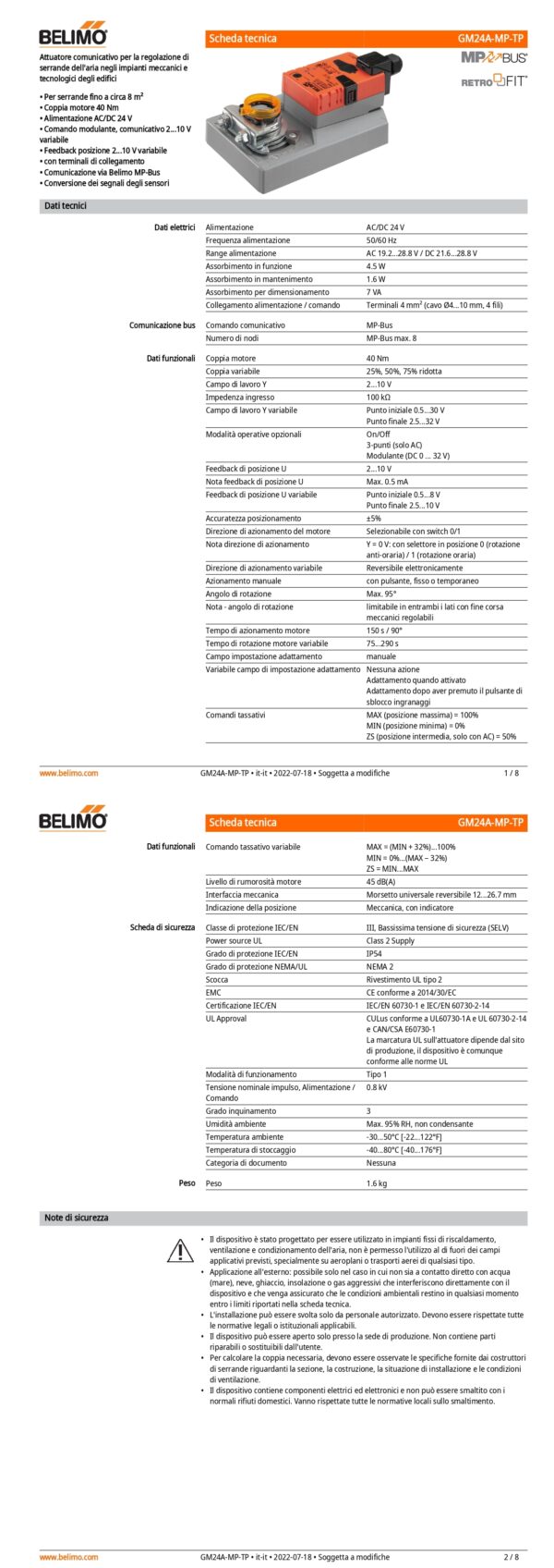 GM24A-MP-TP Attuatore rotativo, 40 Nm, AC/DC 24 V, MP-Bus, 150 s (75...290 s), IP54, Terminali - immagine 2