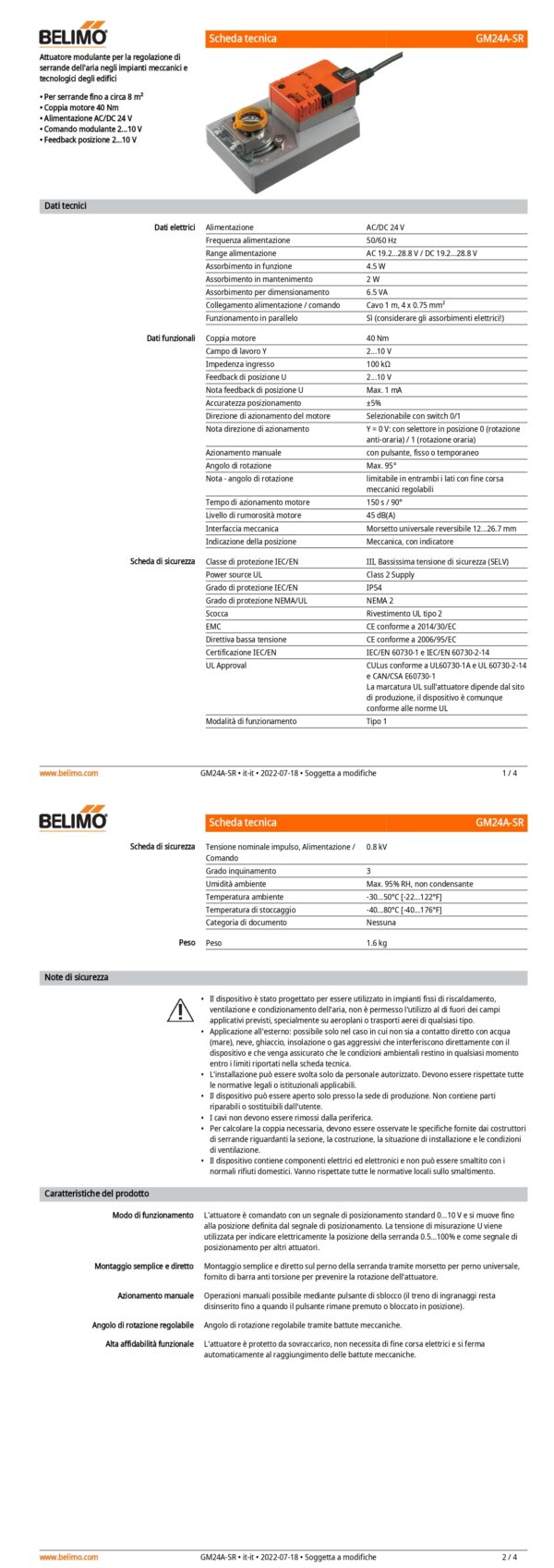 GM24A-SR Attuatore rotativo, 40 Nm, AC/DC 24 V, 2...10 V, 150 s, IP54 - immagine 2