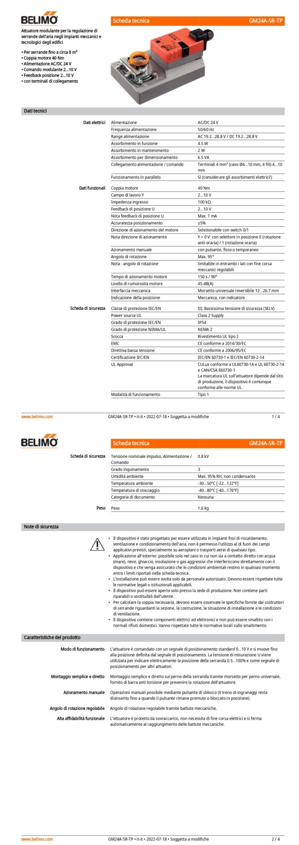 GM24A-SR-TP Attuatore rotativo, 40 Nm, AC/DC 24 V, 2...10 V, 150 s, IP54, Terminali - immagine 2