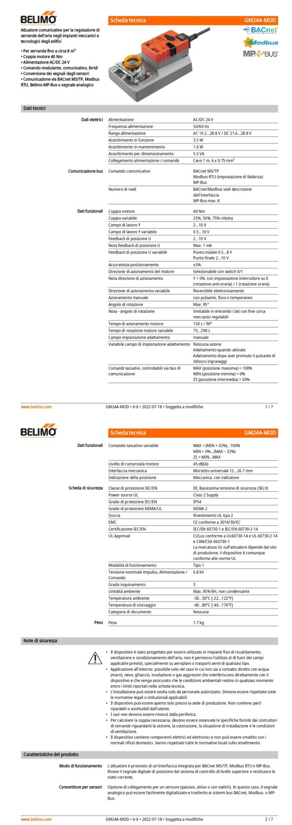 GM24A-MOD Attuatore rotativo, 40 Nm, AC/DC 24 V, BACnet MS/TP, Modbus RTU, MP-Bus, 150 s (75...290 s), IP54 - immagine 2