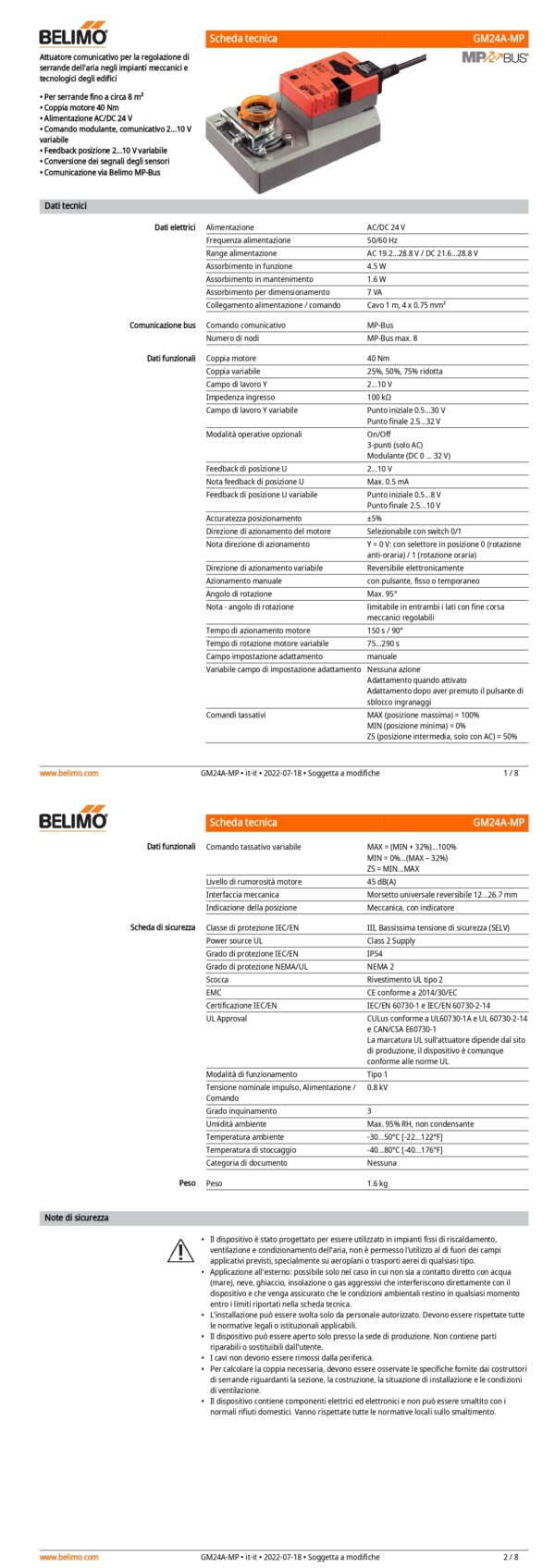 GM24A-MP Attuatore rotativo, 40 Nm, AC/DC 24 V, MP-Bus, 150 s (75...290 s), IP54 - immagine 2