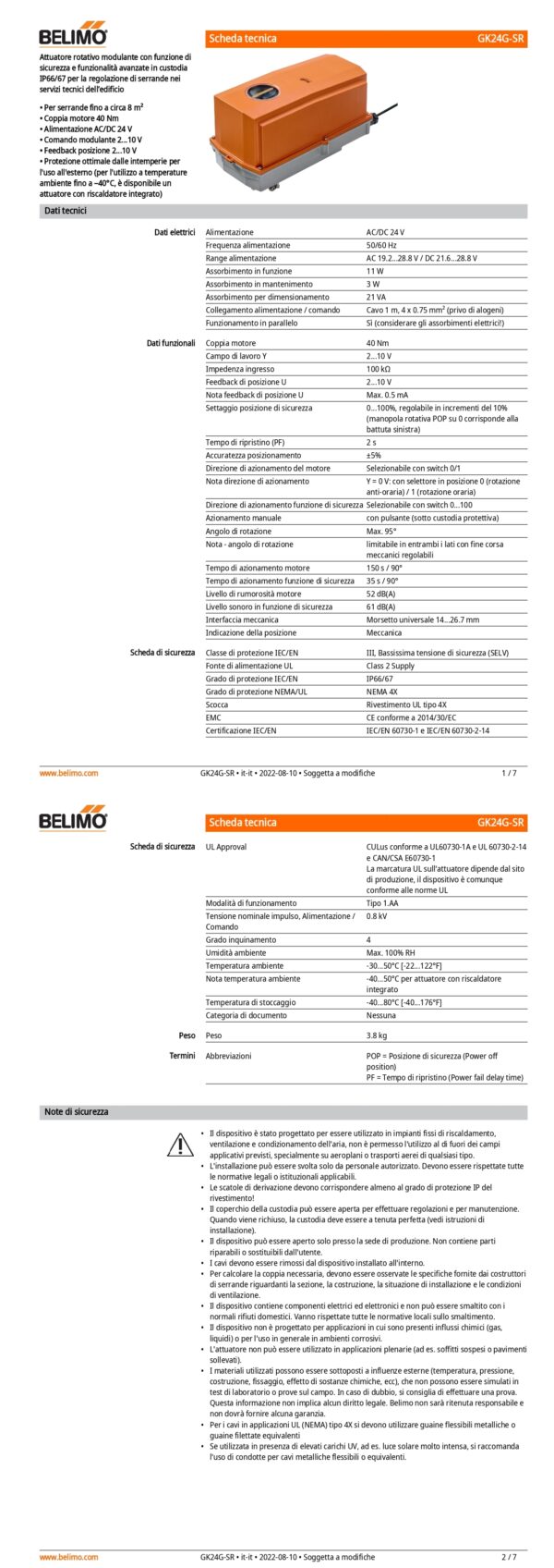 GK24G-SR Attuatore rotativo con funzione di sicurezza, 40 Nm, AC/DC 24 V, 2...10 V, 150 s, IP66/67 - immagine 2