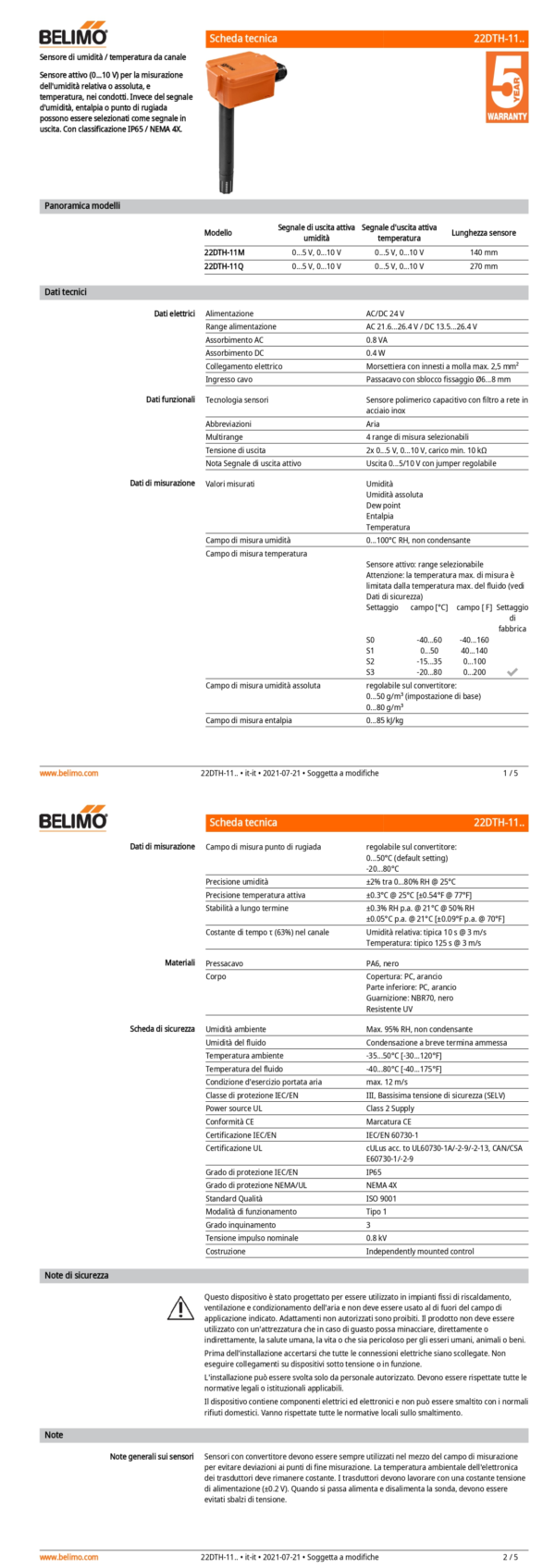 22DTH-11M Sensore di umidità / temperatura da canale attivo, 0...5 V, 0...10 V, Lunghezza sensore 140 mm, Diametro sensore 19.5 mm - immagine 2