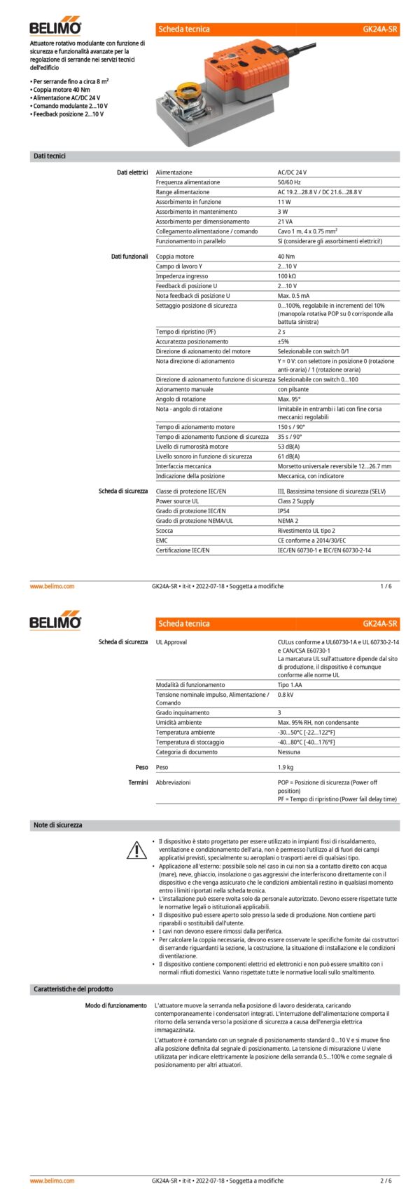 GK24A-SR Attuatore rotativo con funzione di sicurezza, 40 Nm, AC/DC 24 V, 2...10 V, 150 s, IP54 - immagine 2