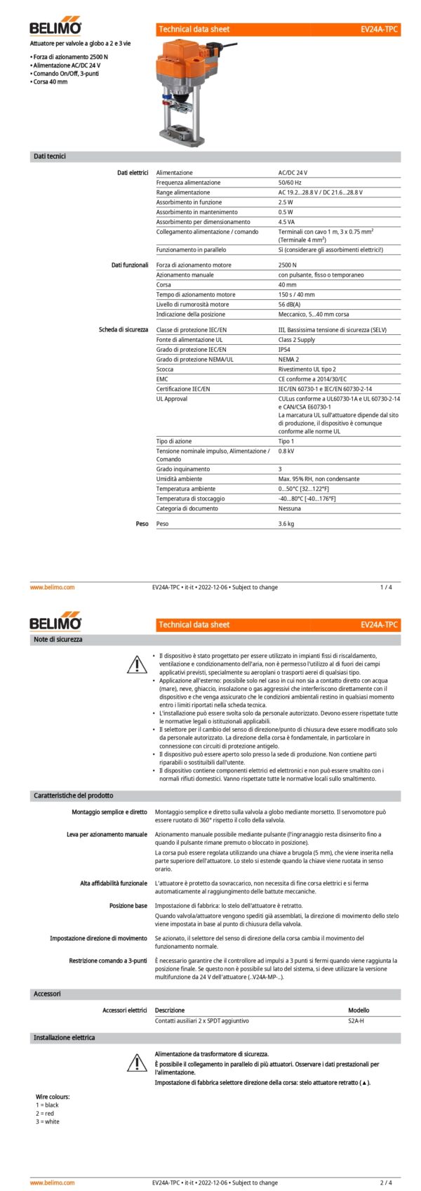 EV24A-TPC Attuatore per valvole a globo, 2500 N, AC/DC 24 V, On/Off, 3-punti, 150 s, Corsa 40 mm, IP54, Terminali con cavo - immagine 2
