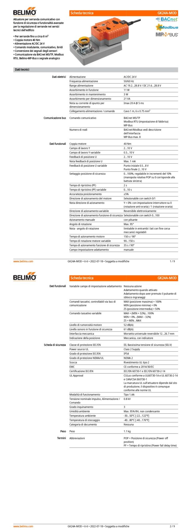 GK24A-MOD Attuatore rotativo con funzione di sicurezza, 40 Nm, AC/DC 24 V, BACnet MS/TP, Modbus RTU, MP-Bus, 150 s (90...150 s), IP54 - immagine 2