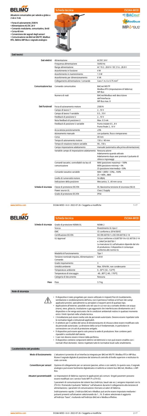 EV24A-MOD Attuatore per valvole a globo, 2500 N, AC/DC 24 V, BACnet MS/TP, Modbus RTU, MP-Bus, 150 s (90...150 s), Corsa 40 mm, IP54 - immagine 2