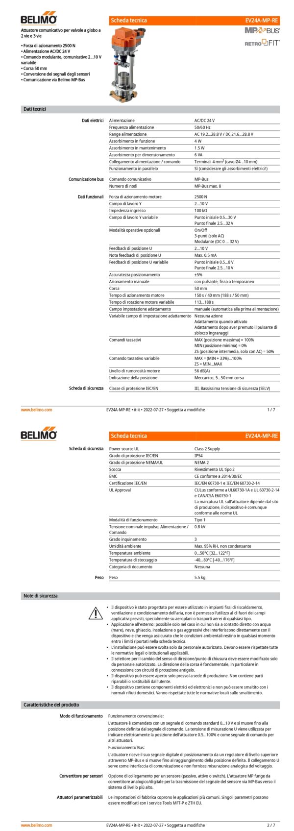 EV24A-MP-RE Attuatore per valvole a globo (Retrofit), 2500 N, AC/DC 24 V, MP-Bus, 188 s (113...188 s), Corsa 50 mm, IP54, Terminali - immagine 2