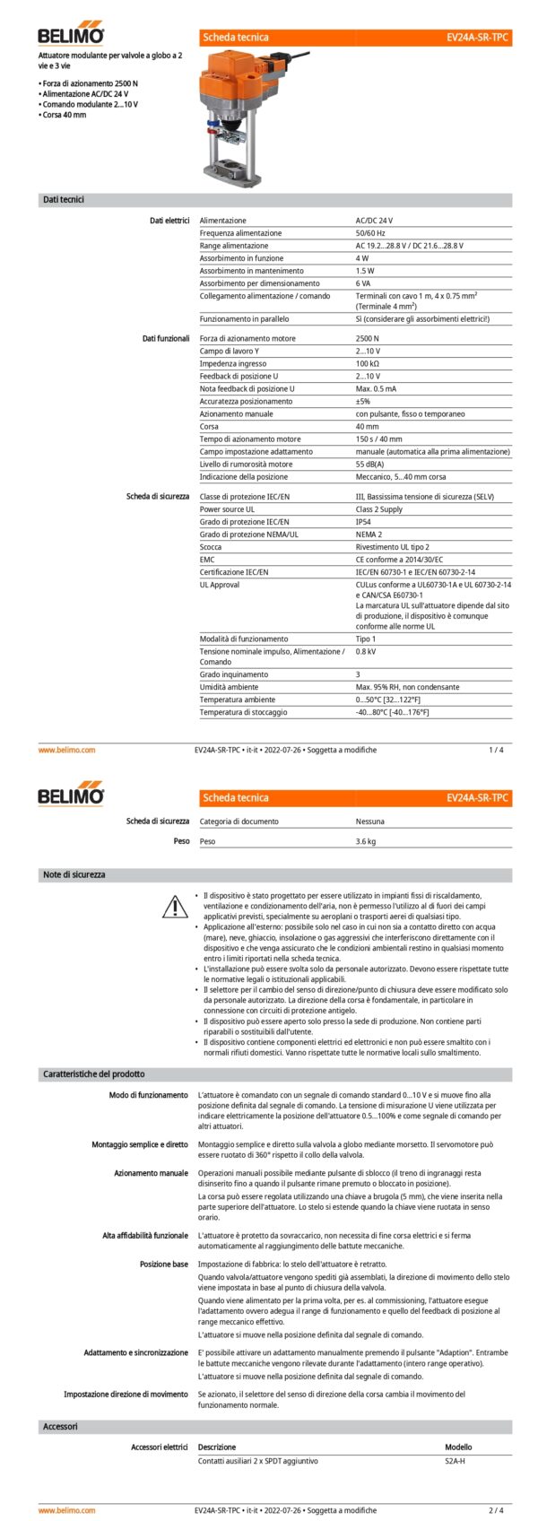 EV24A-SR-TPC Attuatore per valvole a globo, 2500 N, AC/DC 24 V, 2...10 V, 150 s, Corsa 40 mm, IP54, Terminali con cavo - immagine 2