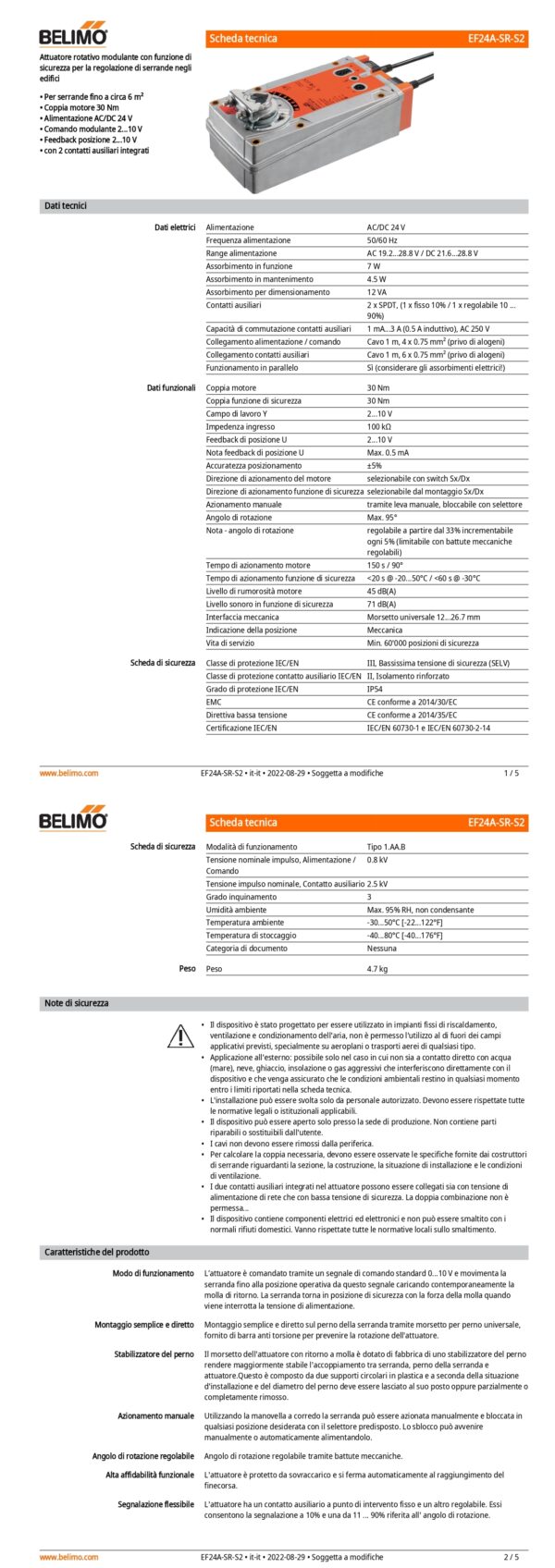 EF24A-SR-S2 Attuatore rotativo con funzione di sicurezza, 30 Nm, AC/DC 24 V, 2...10 V, 150 s, 2 x SPDT, IP54 - immagine 2