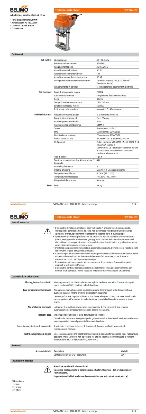 EV230A-TPC Attuatore per valvole a globo, 2500 N, AC 100...240 V, On/Off, 3-punti, 150 s, Corsa 40 mm, IP54, Terminali con cavo - immagine 2