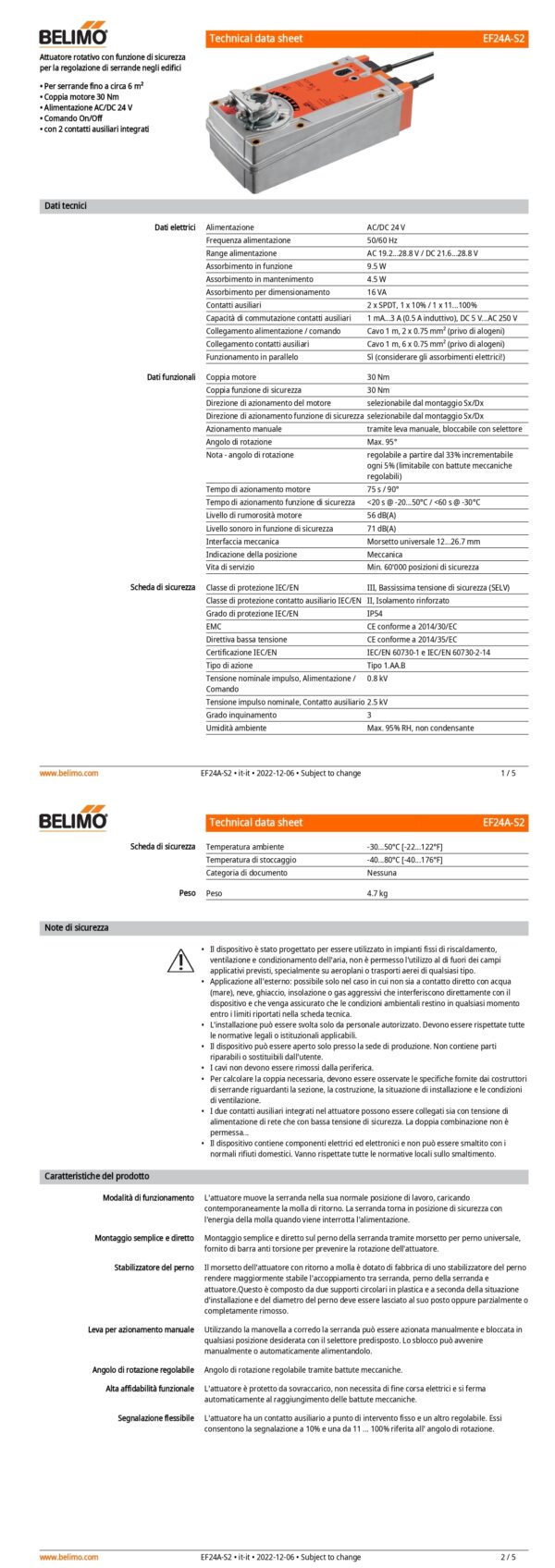 EF24A-S2 Attuatore rotativo con funzione di sicurezza, 30 Nm, AC/DC 24 V, On/Off, 75 s, 2 x SPDT, IP54 - immagine 2