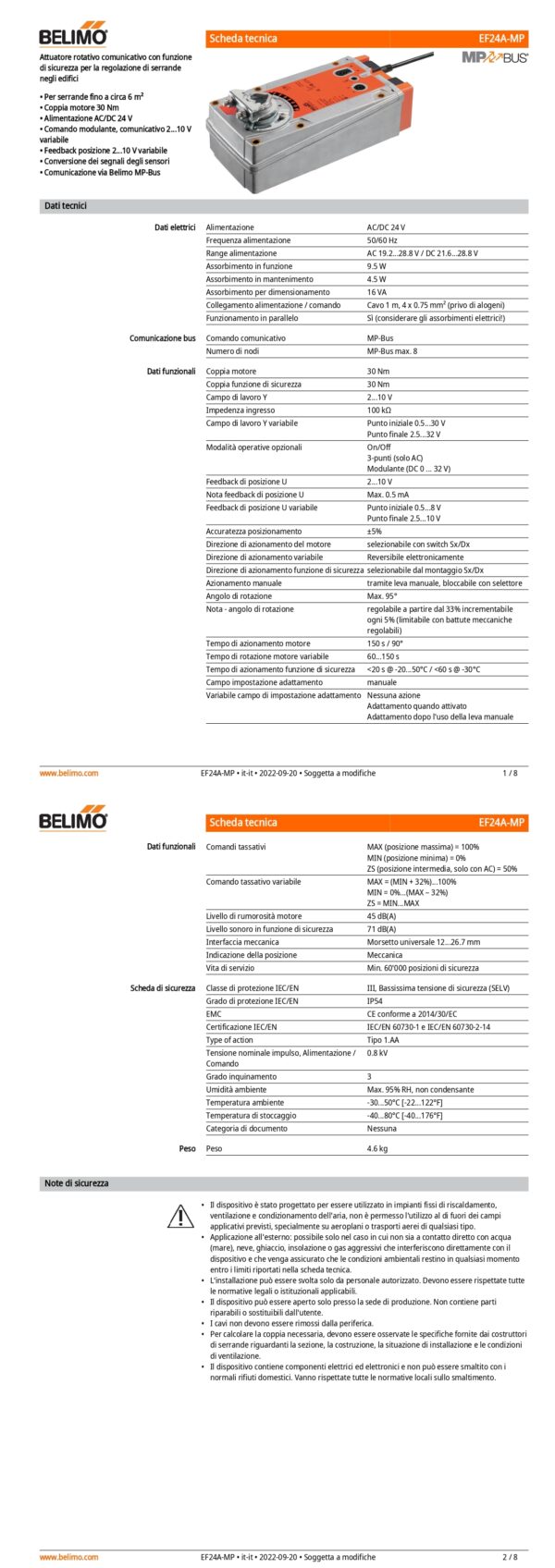 EF24A-MP Attuatore rotativo con funzione di sicurezza, 30 Nm, AC/DC 24 V, MP-Bus, 150 s (60...150 s), IP54 - immagine 2