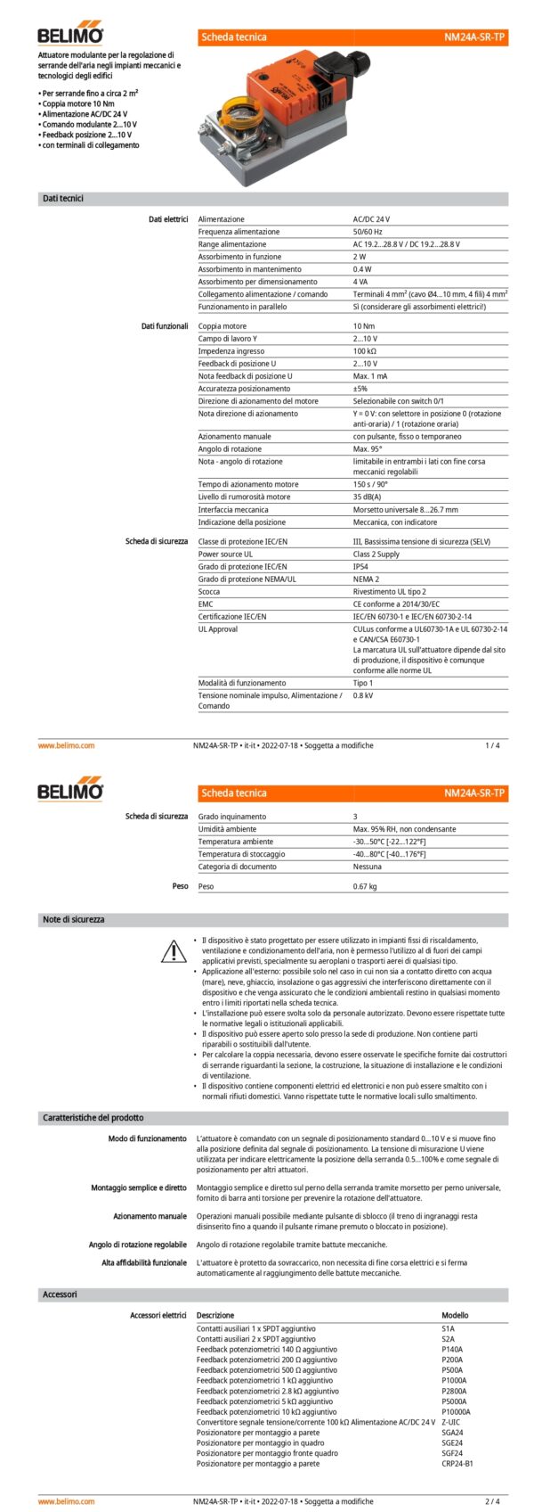 NM24A-SR-TP Attuatore rotativo, 10 Nm, AC/DC 24 V, 2...10 V, 150 s, IP54, Terminali - immagine 2