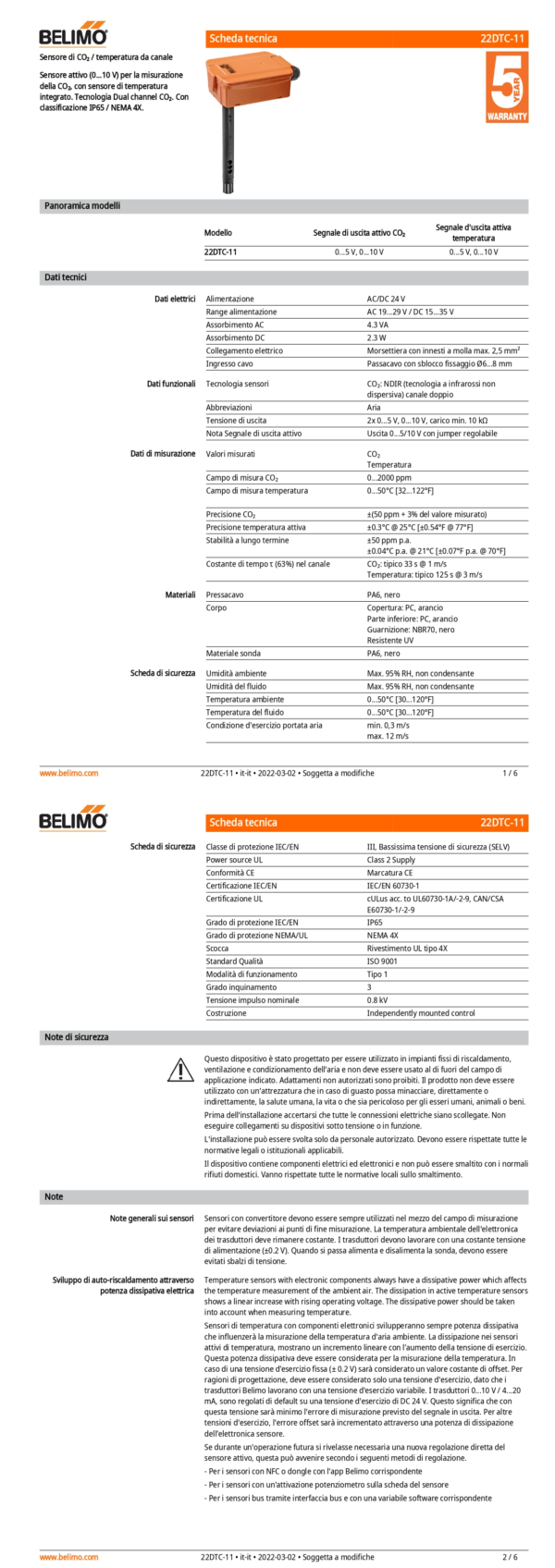 22DTC-11 Sensore di CO₂ / temperatura da canale attivo, 0...5 V, 0...10 V, Lunghezza sensore 180 mm, Diametro sensore 19.5 mm - immagine 2
