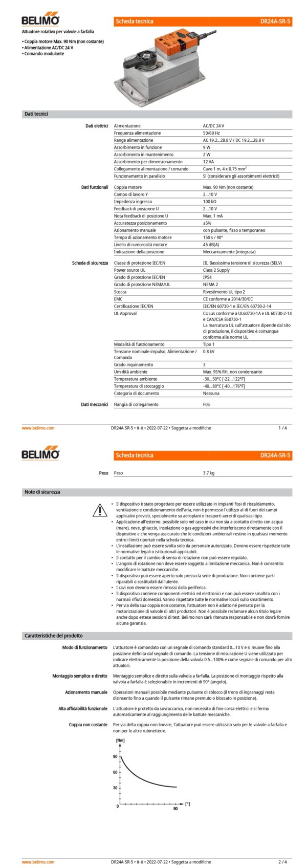 DR24A-SR-5 Attuatore rotativo, Max. 90 Nm (non costante), AC/DC 24 V, 2...10 V, 150 s, IP54, F05 - immagine 2