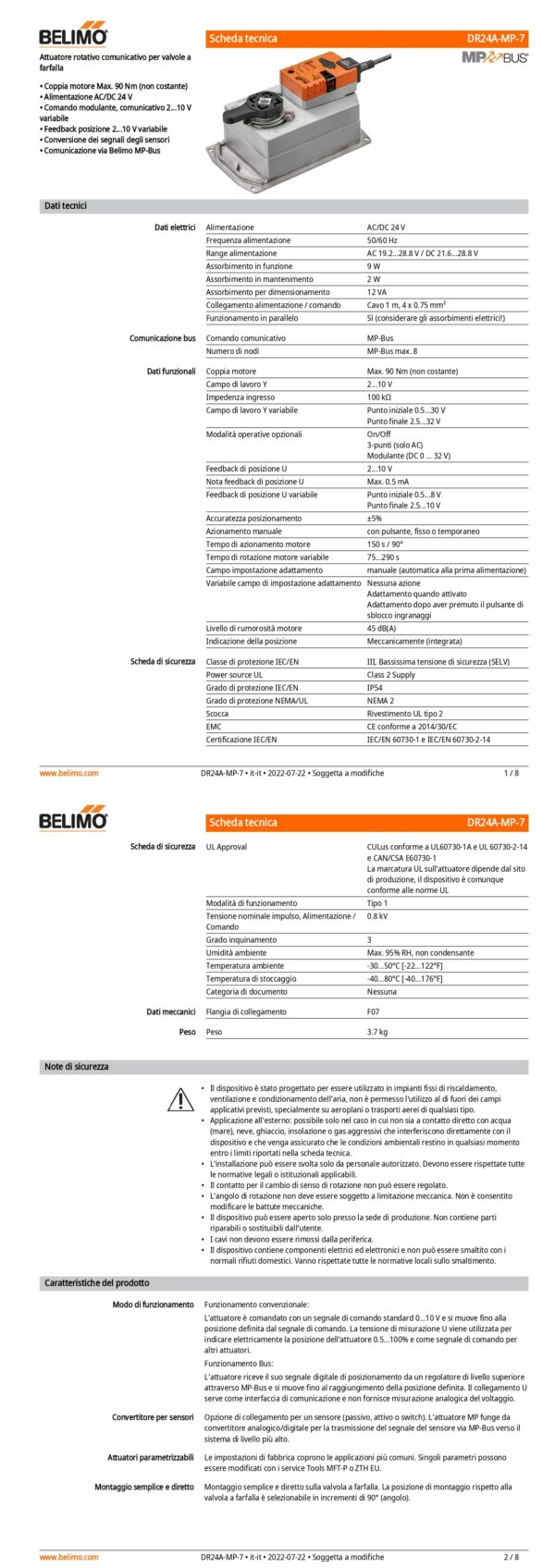 DR24A-MP-7 Attuatore rotativo, Max. 90 Nm (non costante), AC/DC 24 V, MP-Bus, 150 s (75...290 s), IP54, F07 - immagine 2