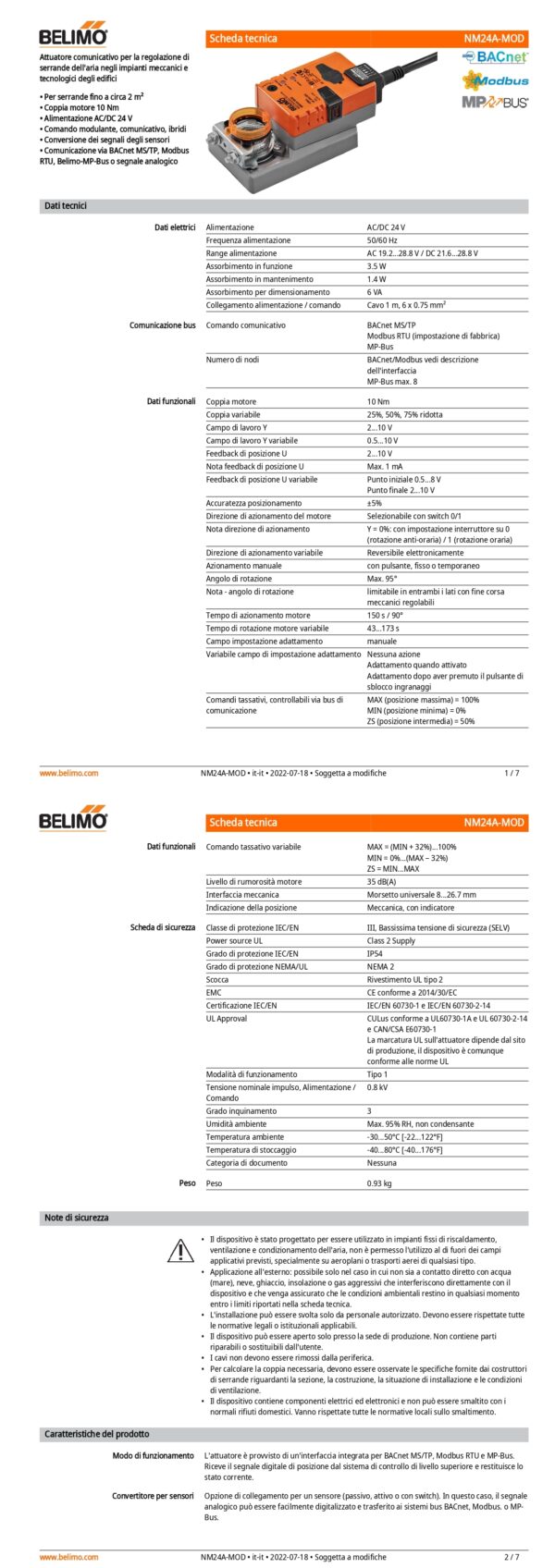 NM24A-MOD Attuatore rotativo, 10 Nm, AC/DC 24 V, BACnet MS/TP, Modbus RTU, MP-Bus, 150 s (43...173 s), IP54 - immagine 2