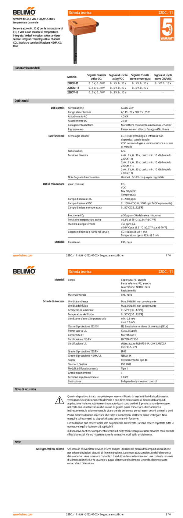 22DCK-11 Sensore di CO₂ / VOC / CO₂+VOC mix / temperatura da canale attivo, 0...5 V, 0...10 V, Lunghezza sensore 180 mm, Diametro sensore 19.5 mm - immagine 2