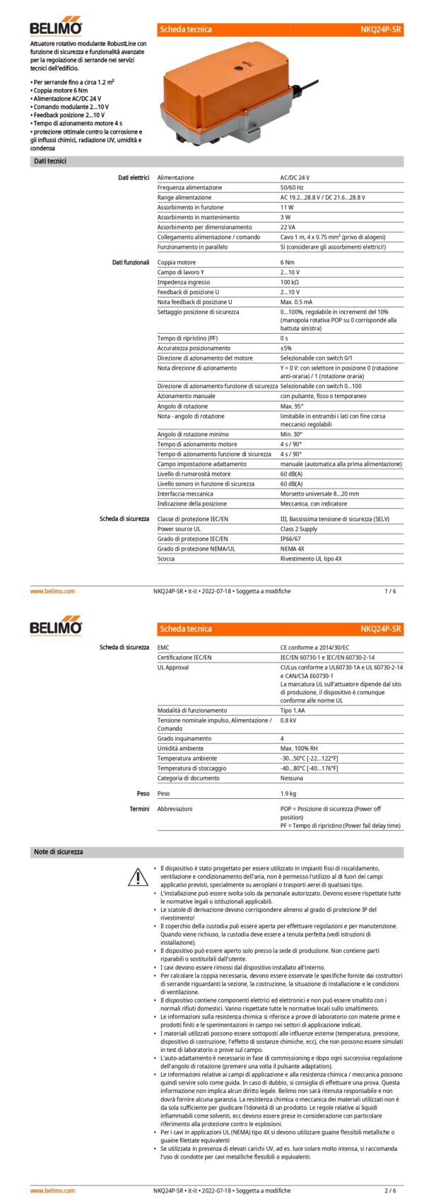 NKQ24P-SR Attuatore rotativo (RobustLine) con funzione di sicurezza, 6 Nm, AC/DC 24 V, 2...10 V, 4 s, IP66/67 - immagine 2