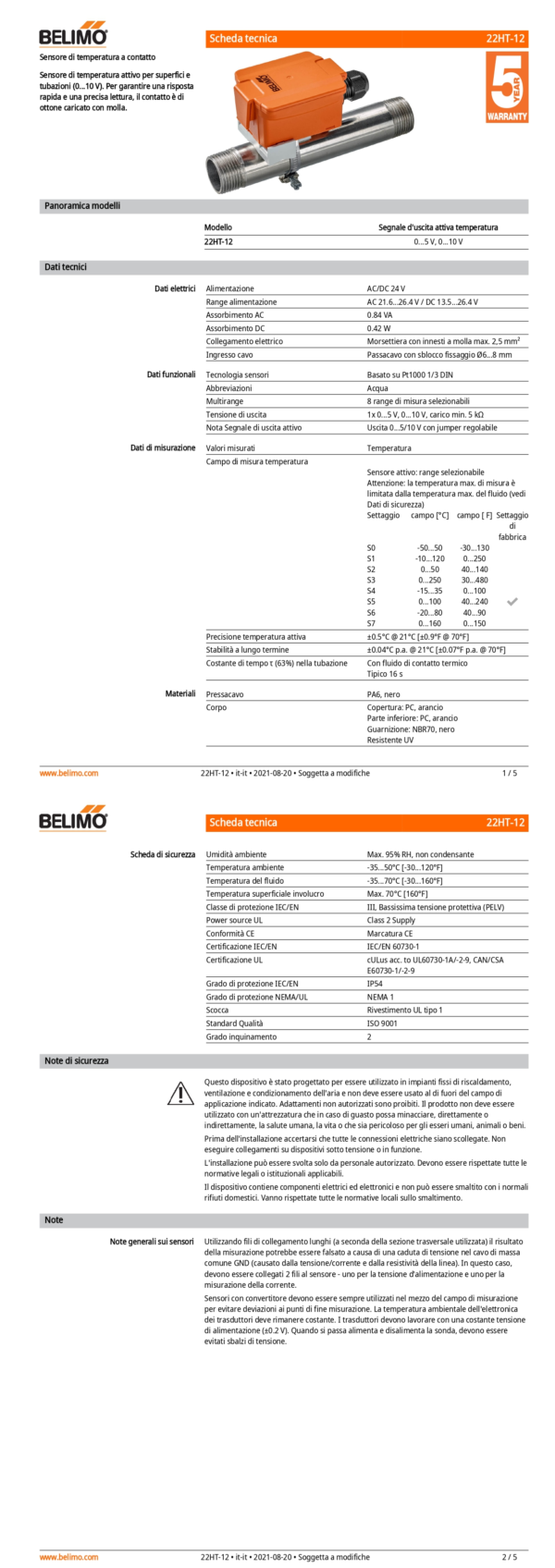 22HT-12 Sensore di temperatura a contatto attivo, 0...5 V, 0...10 V - immagine 2