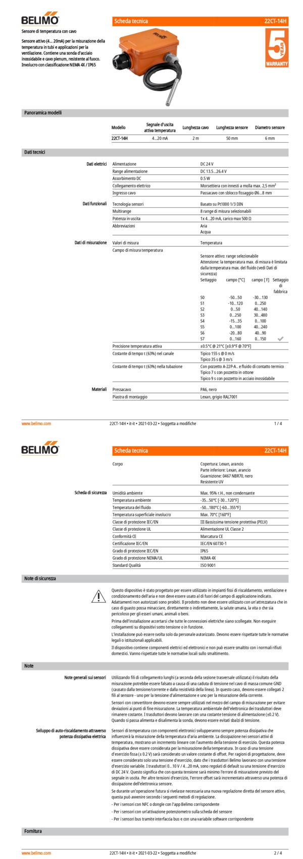 22CT-14H Sensore di temperatura con cavo attivo, 4...20 mA, Lunghezza sensore 50 mm, Diametro sensore 6 mm - immagine 2