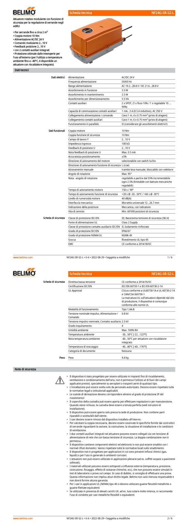 NF24G-SR-S2-L Attuatore rotativo con funzione di sicurezza, 10 Nm, AC/DC 24 V, 2...10 V, 150 s, 2 x SPDT, IP66/67 - immagine 2