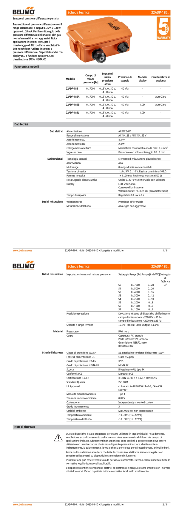 22ADP-186L Sensore di pressione differenziale per aria, 0...7000 Pa, 0...5 V, 0...10 V, 4...20 mA, LCD - immagine 2
