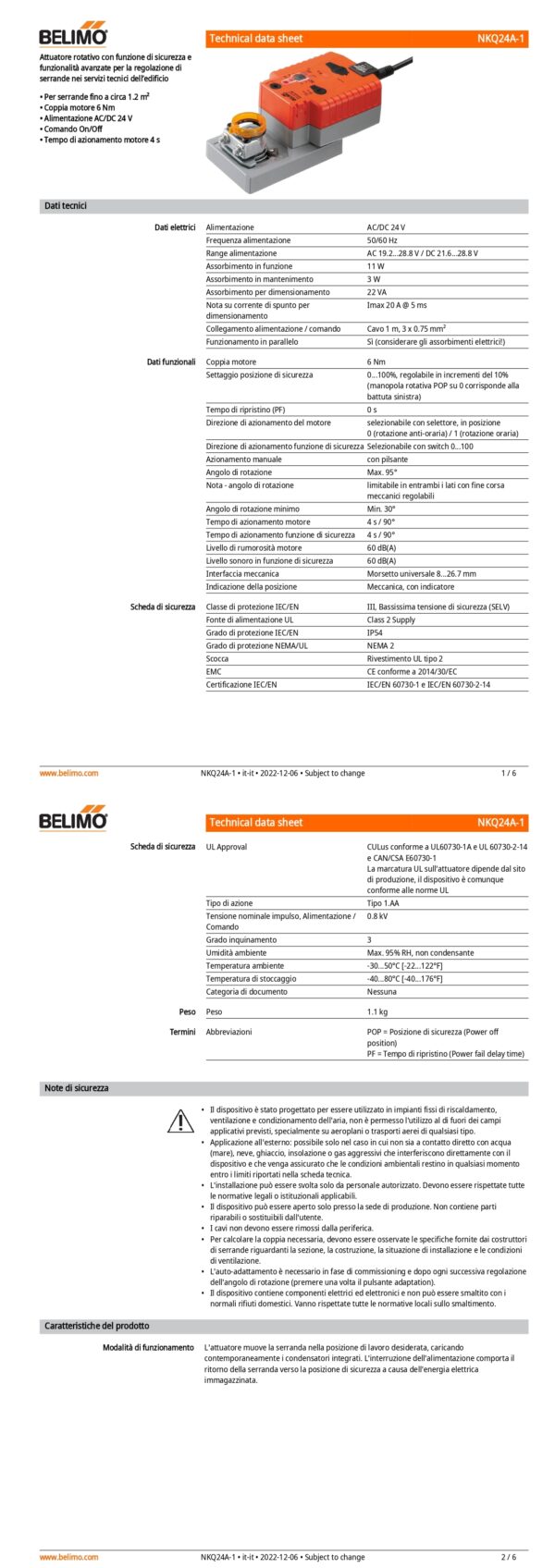 NKQ24A-1 Attuatore rotativo a corsa molto rapida, 6 Nm, AC/DC 24 V, On/Off, 4 s, IP54 - immagine 2