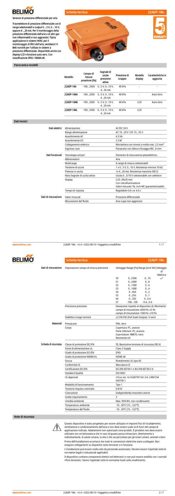 22ADP-184L Sensore di pressione differenziale per aria, -100...2500 Pa, 0...5 V, 0...10 V, 4...20 mA, LCD - immagine 2