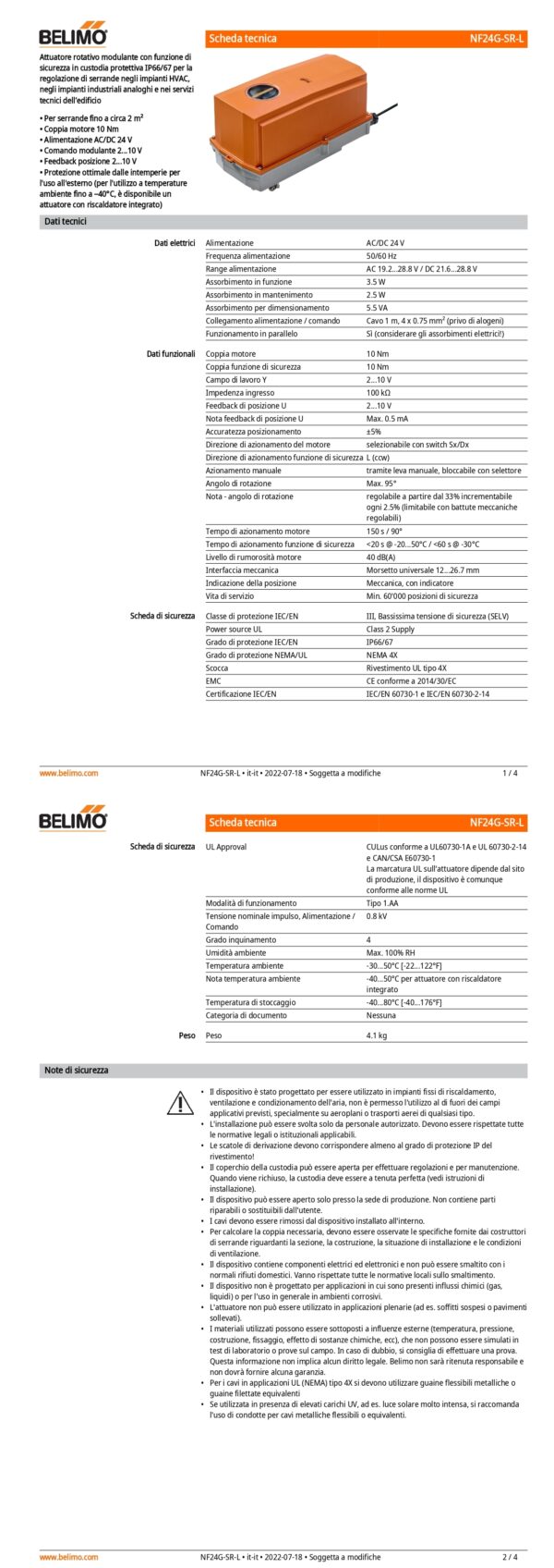 NF24G-SR-L Attuatore rotativo con funzione di sicurezza, 10 Nm, AC/DC 24 V, 2...10 V, 150 s, IP66/67 - immagine 2