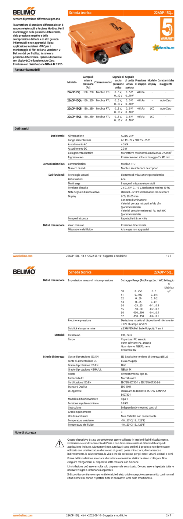 22ADP-15QB Sensore di pressione differenziale per aria, -150...250 Pa, Auto-Zero, Modbus, 0...5 V, 0...10 V, LCD - immagine 2