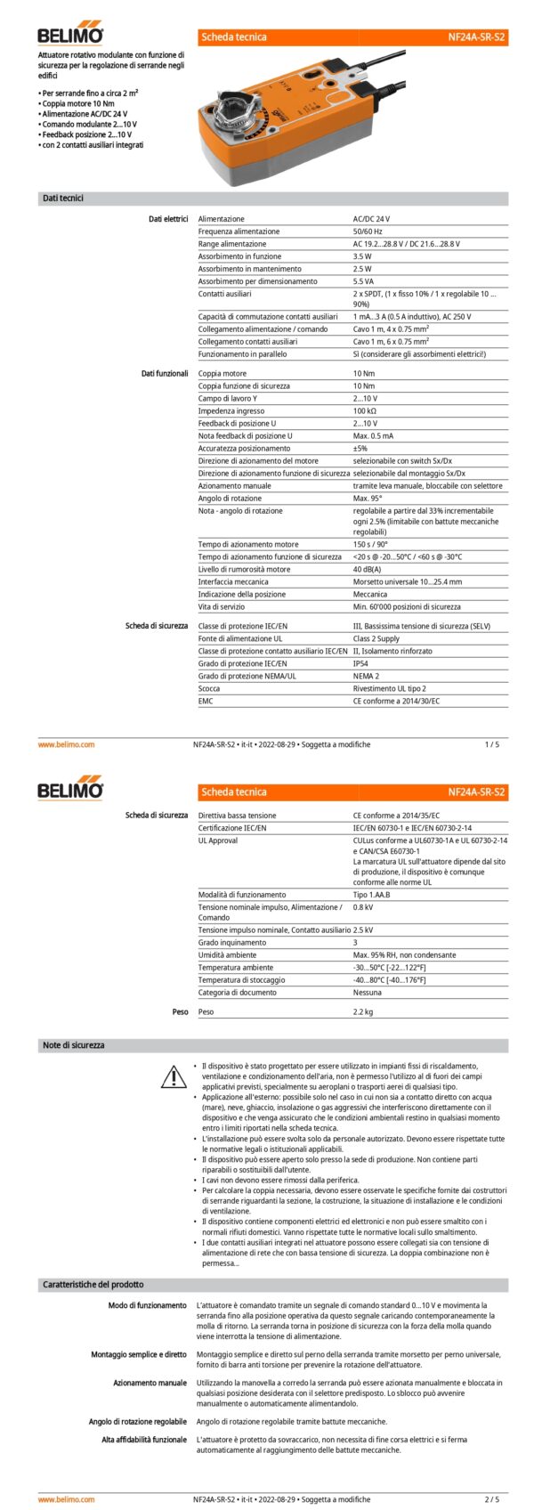 NF24A-SR-S2 Attuatore rotativo con funzione di sicurezza, 10 Nm, AC/DC 24 V, 2...10 V, 150 s, 2 x SPDT, IP54 - immagine 2
