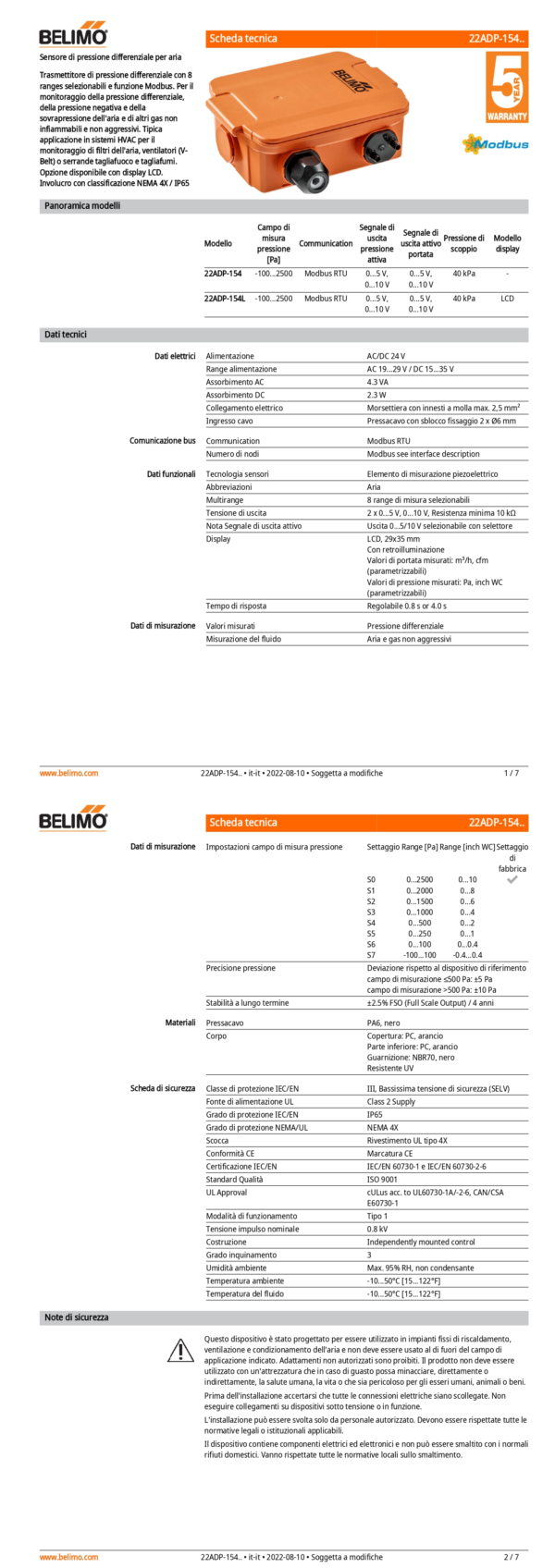 22ADP-154 Sensore di pressione differenziale per aria, -100...2500 Pa, Modbus, 0...5 V, 0...10 V - immagine 2