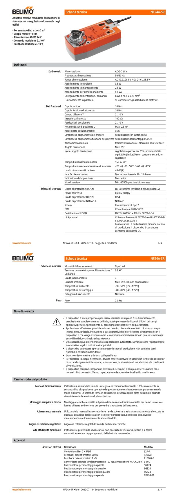 NF24A-SR Attuatore rotativo con funzione di sicurezza, 10 Nm, AC/DC 24 V, 2...10 V, 150 s, IP54 - immagine 2