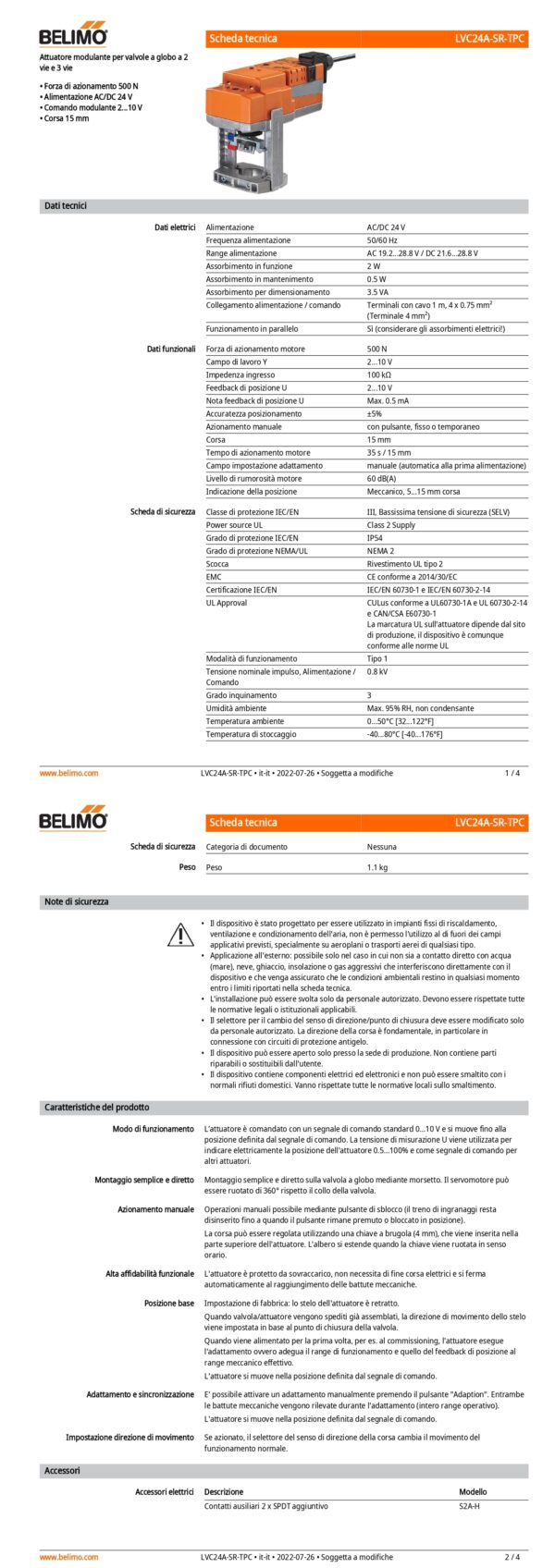 LVC24A-SR-TPC Attuatore per valvole a globo, 500 N, AC/DC 24 V, 2...10 V, 35 s, Corsa 15 mm, IP54, Terminali con cavo - immagine 2