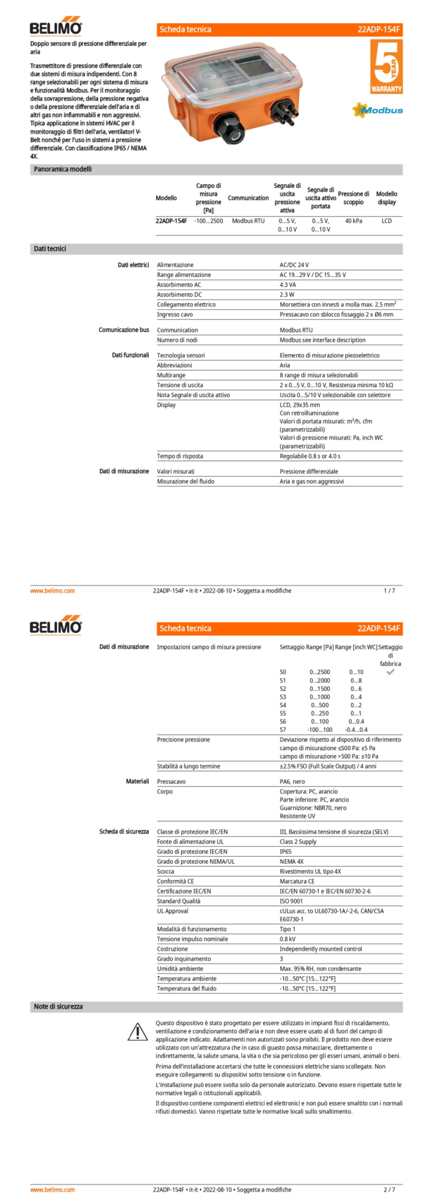 22ADP-154F Doppio sensore di pressione differenziale per aria, -100...2500 Pa, Modbus, 0...5 V, 0...10 V, LCD - immagine 2