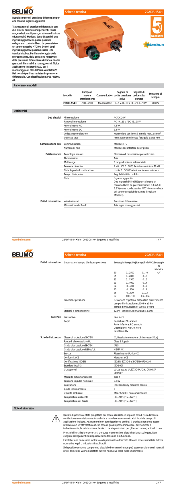 22ADP-154H Doppio sensore di pressione differenziale per aria con due ingressi aggiuntivi, -100...2500 Pa, Modbus, 0...5 V, 0...10 V - immagine 2