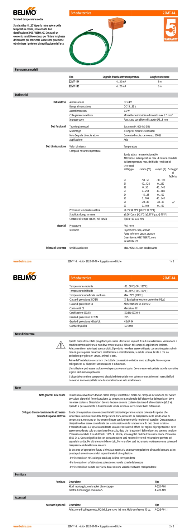 22MT-145 Sensore di temperatura media attivo, 4...20 mA, Lunghezza sensore 6 m - immagine 2