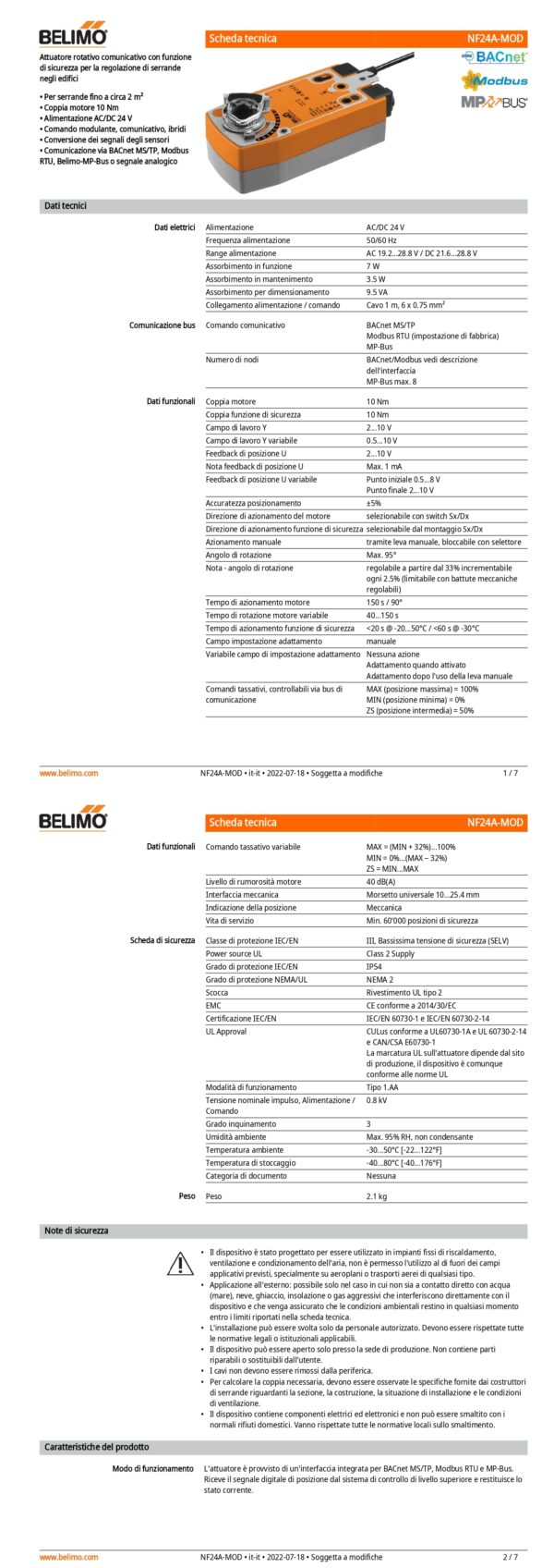 NF24A-MOD Attuatore rotativo con funzione di sicurezza, 10 Nm, AC/DC 24 V, BACnet MS/TP, Modbus RTU, MP-Bus, 150 s (40...150 s), IP54 - immagine 2