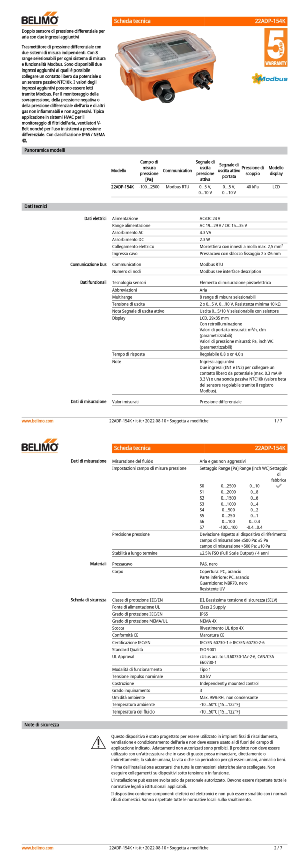 22ADP-154K Doppio sensore di pressione differenziale per aria con due ingressi aggiuntivi, -100...2500 Pa, Modbus, 0...5 V, 0...10 V, LCD - immagine 2
