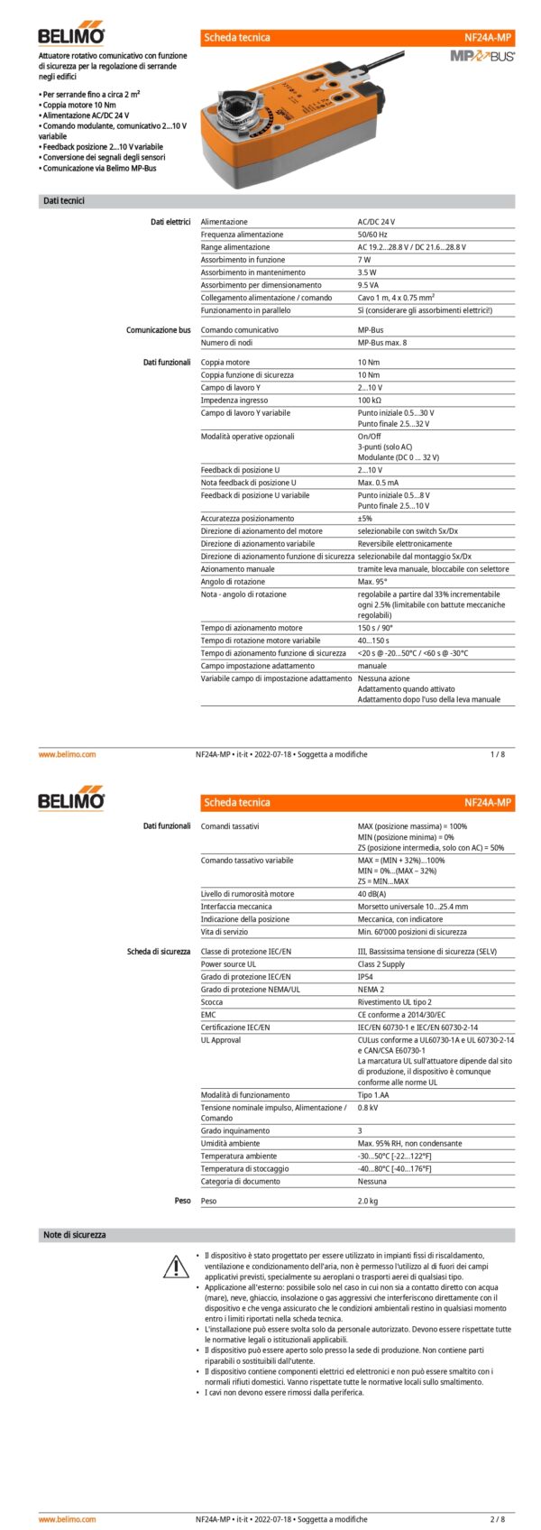 NF24A-MP Attuatore rotativo con funzione di sicurezza, 10 Nm, AC/DC 24 V, MP-Bus, 150 s (40...150 s), IP54 - immagine 2