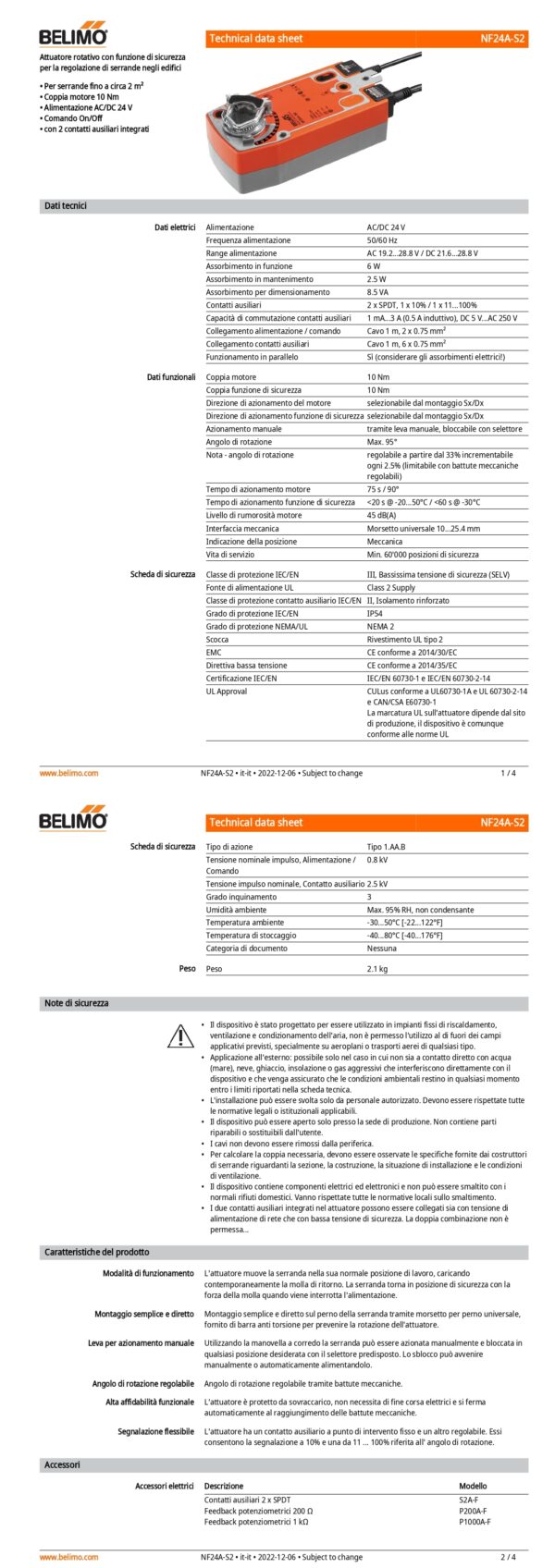 NF24A-S2 Attuatore rotativo con funzione di sicurezza, 10 Nm, AC/DC 24 V, On/Off, 75 s, 2 x SPDT, IP54 - immagine 2