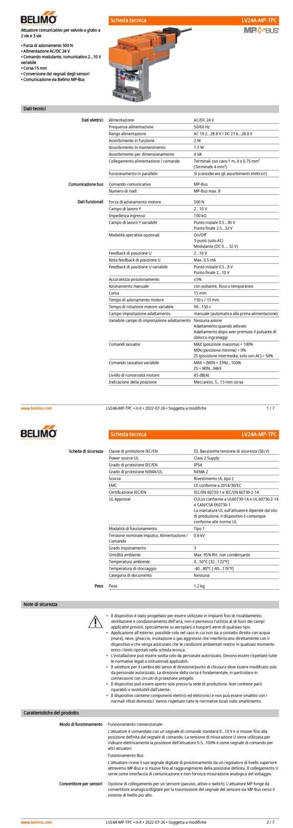 LV24A-MP-TPC Attuatore per valvole a globo, 500 N, AC/DC 24 V, MP-Bus, 150 s (90...150 s), Corsa 15 mm, IP54, Terminali con cavo - immagine 2